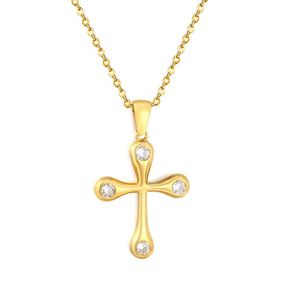 Soft Edge Zircon Cross Pendant Necklace | 20x25mm Four Stone Cross Charm | 40+5cm Adjustable Chain | Gold & Silver Tone