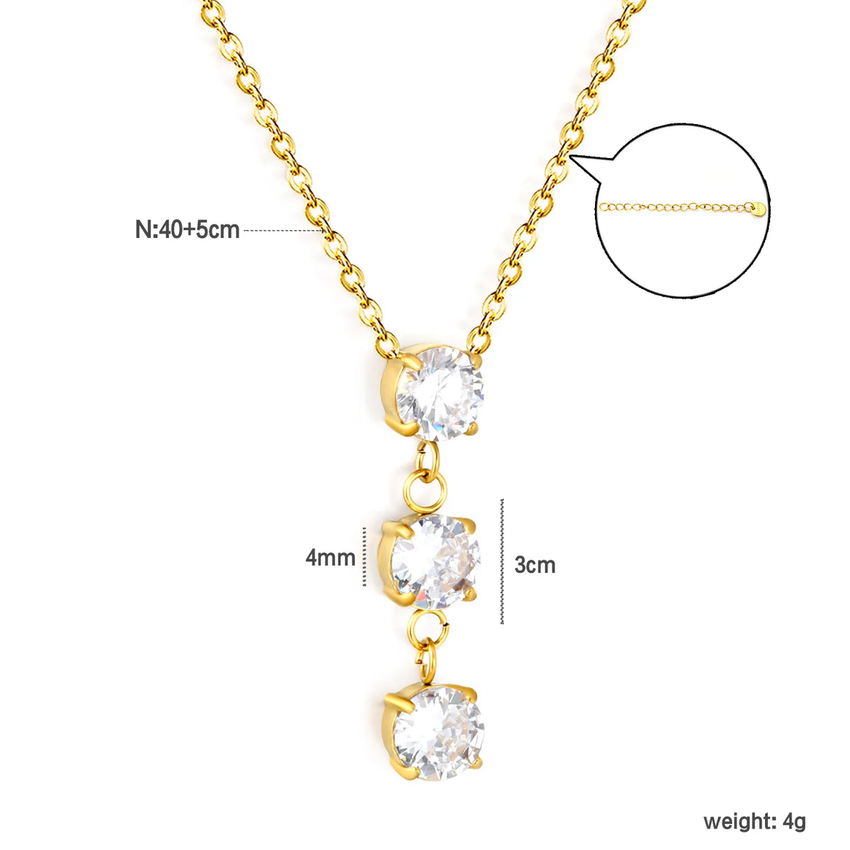 Vertical Three Round Zircon Drop Necklace | 4mm Triple Clear Zircon Pendant | 3cm Drop Length | 40+5cm Adjustable Chain