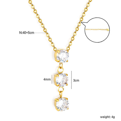 Vertical Three Round Zircon Drop Necklace | 4mm Triple Clear Zircon Pendant | 3cm Drop Length | 40+5cm Adjustable Chain
