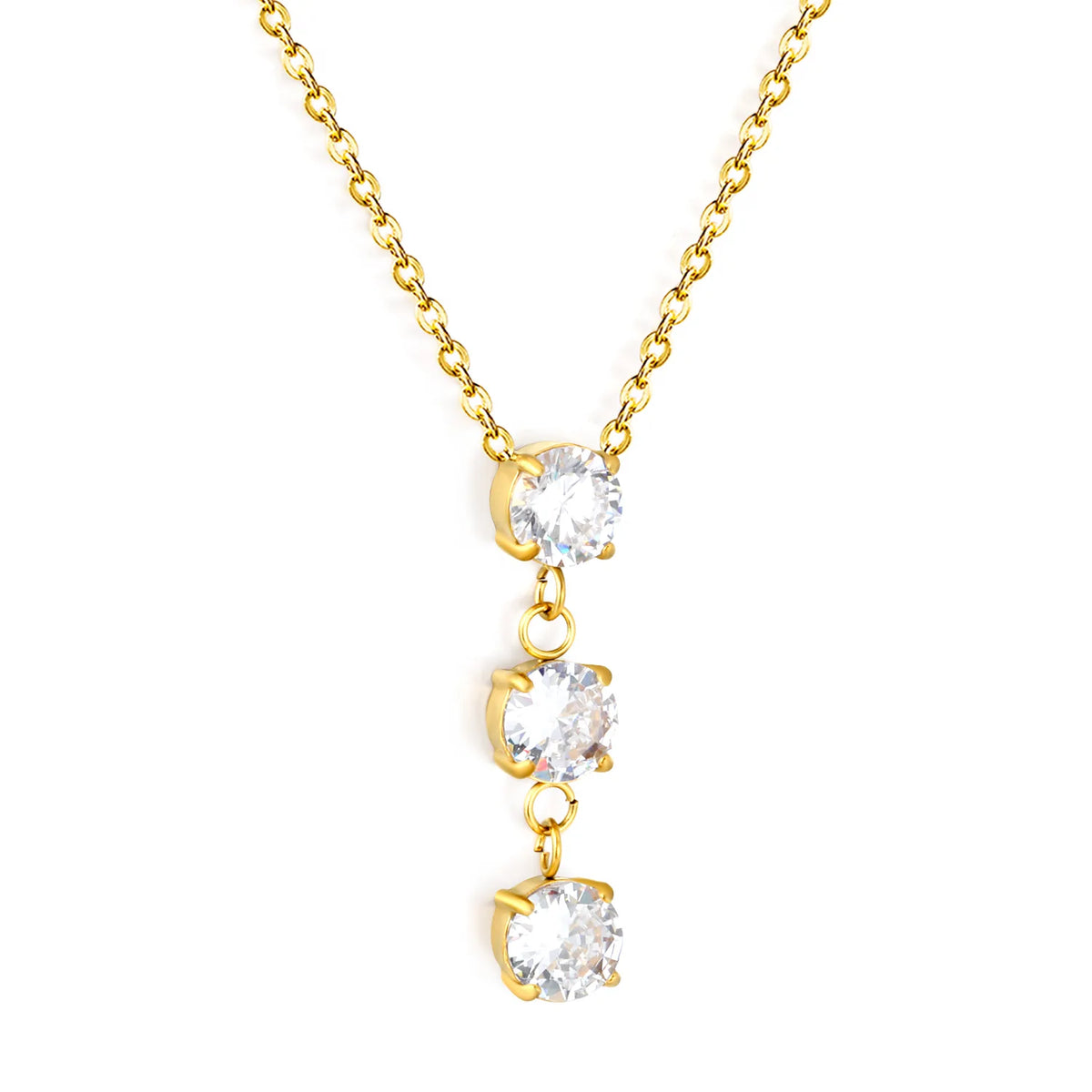 Vertical Three Round Zircon Drop Necklace | 4mm Triple Clear Zircon Pendant | 3cm Drop Length | 40+5cm Adjustable Chain