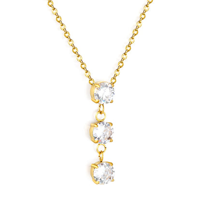 Vertical Three Round Zircon Drop Necklace | 4mm Triple Clear Zircon Pendant | 3cm Drop Length | 40+5cm Adjustable Chain