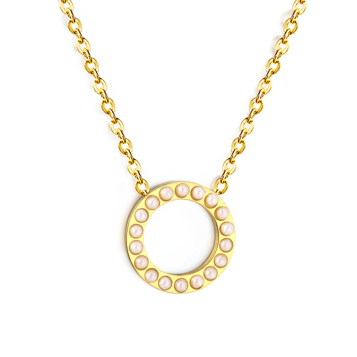 Hollow Circle Inlaid Pendant Necklace | 13mm 18K Gold Plated Ring Charm | 42+5cm Adjustable Chain