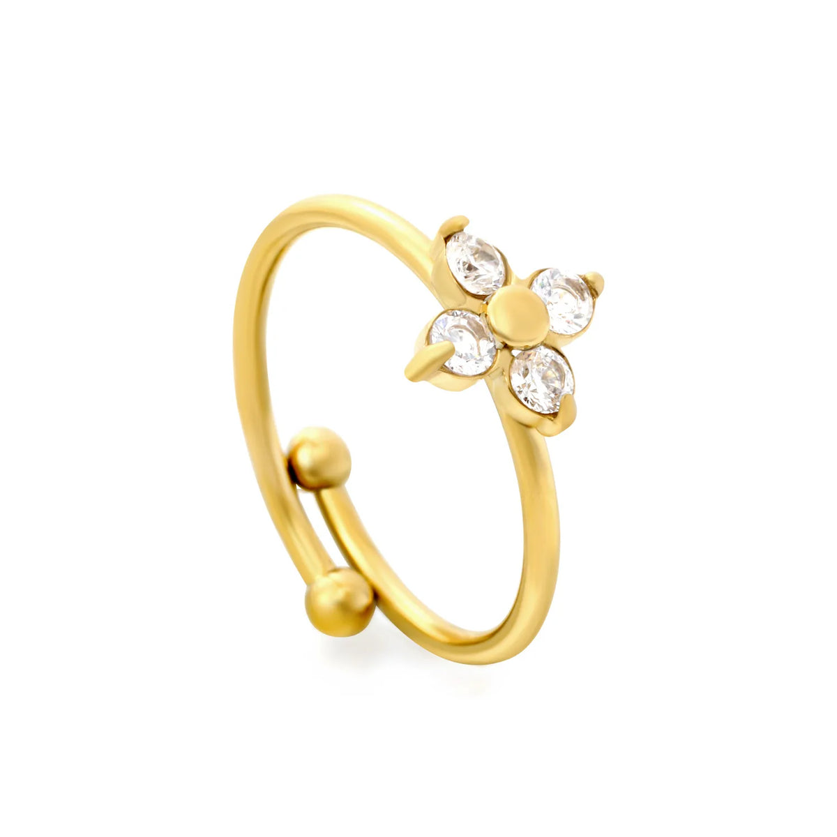 Four Leaf Clover CZ Open Ring | 9.5mm 18K Gold Plated Adjustable Floral Ring | Size 7