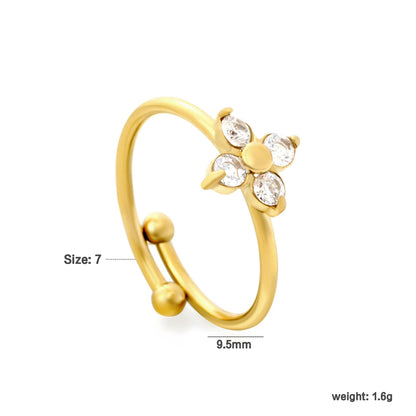 Four Leaf Clover CZ Open Ring | 9.5mm 18K Gold Plated Adjustable Floral Ring | Size 7
