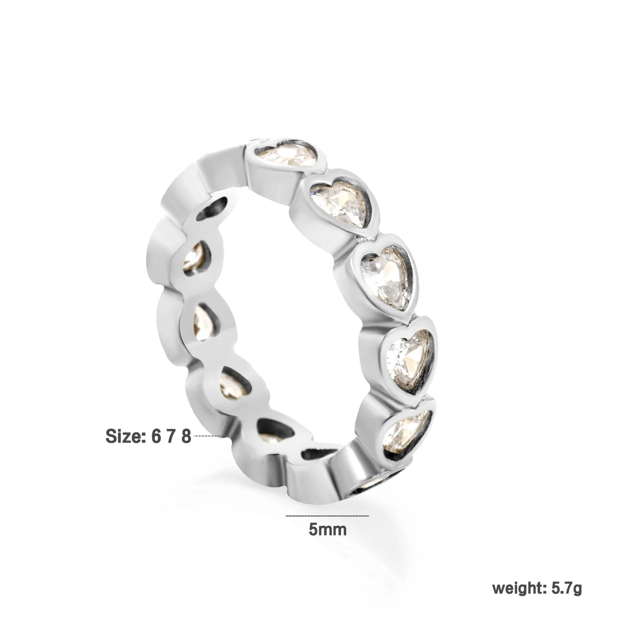 Heart CZ Eternity Band Ring | 5mm 18K Gold & Silver Tone Hollow Heart Zircon Ring | Size 8