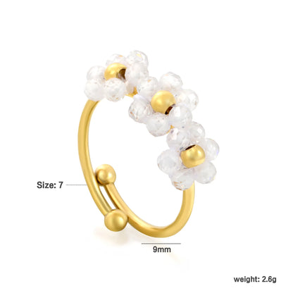 Flower Beaded Open Ring | 9mm Faceted Crystal Cluster Adjustable Ring | 18K Gold Plated | White & Pink Available