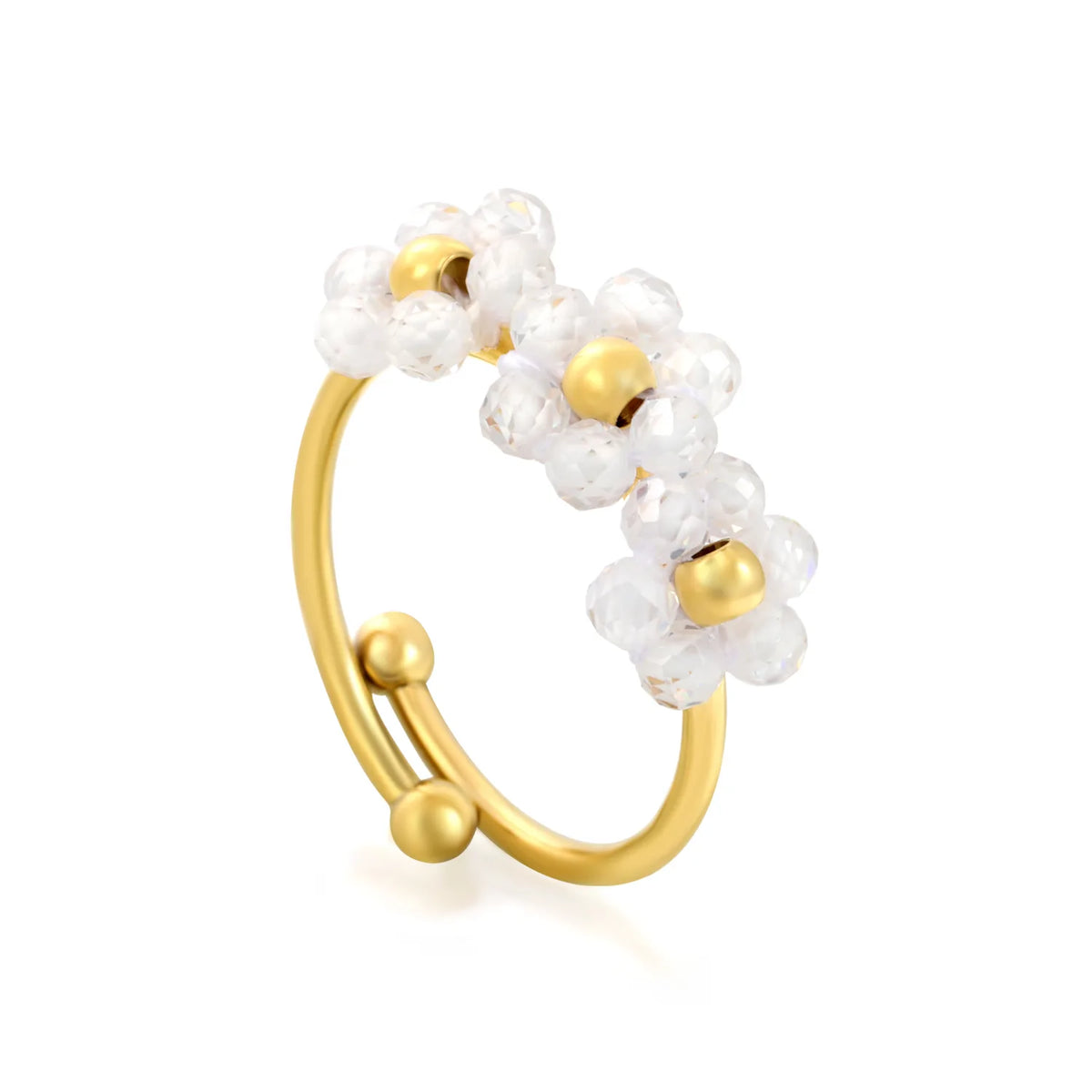 Flower Beaded Open Ring | 9mm Faceted Crystal Cluster Adjustable Ring | 18K Gold Plated | White & Pink Available