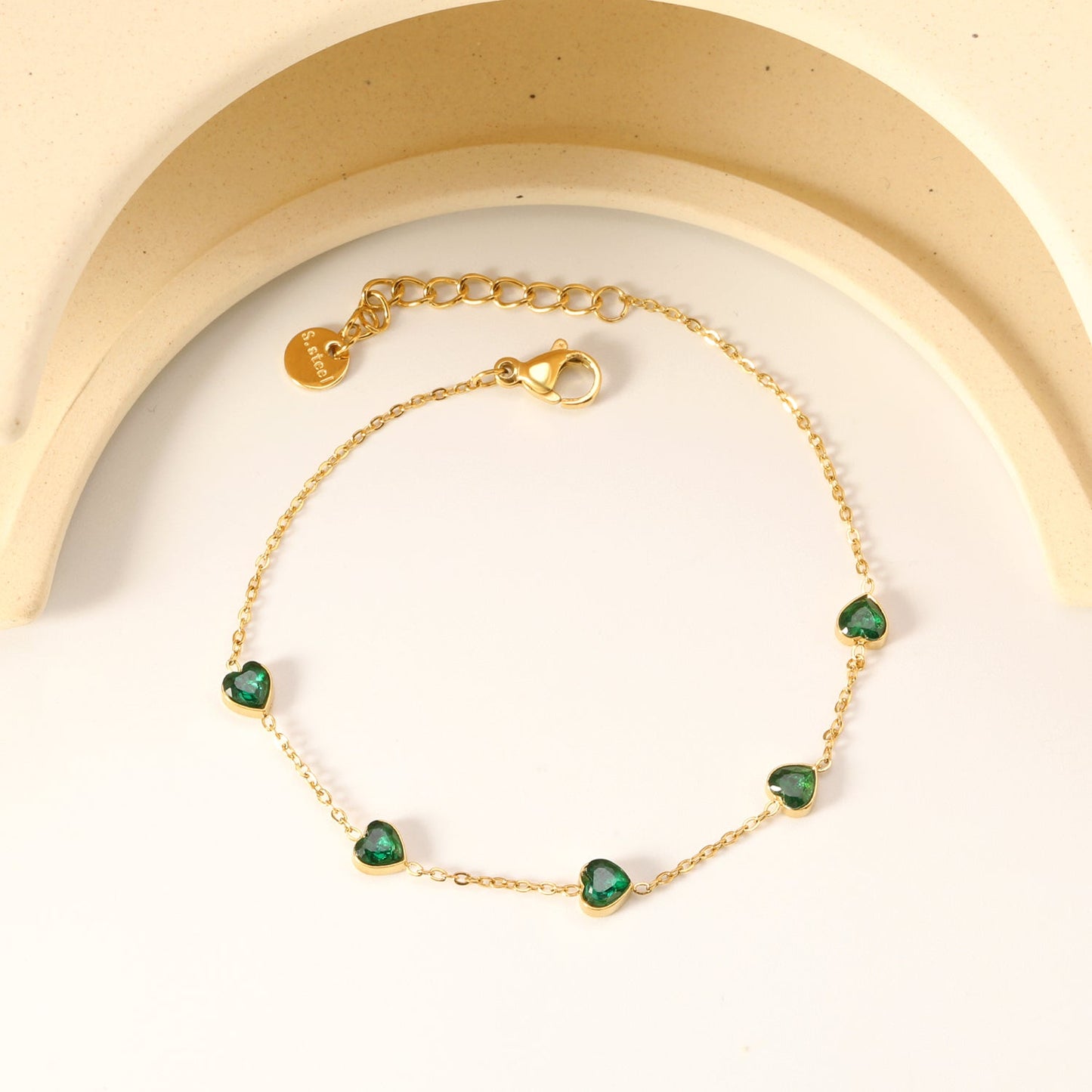 5mm heart shaped emerald zirconium accessories 0.3 cross chain *17+3cm+6mm round plaque bracelet gold color