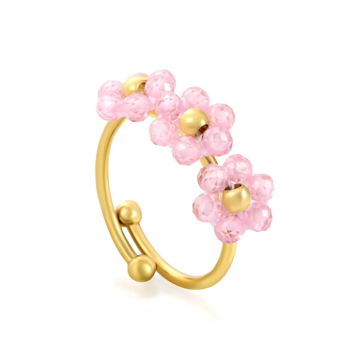Flower Beaded Open Ring | 9mm Faceted Crystal Cluster Adjustable Ring | 18K Gold Plated | White & Pink Available