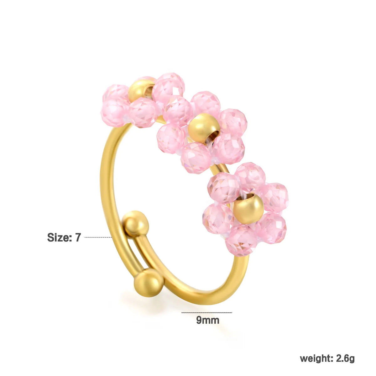 Flower Beaded Open Ring | 9mm Faceted Crystal Cluster Adjustable Ring | 18K Gold Plated | White & Pink Available