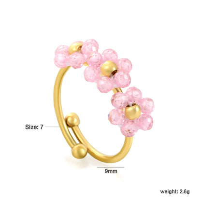 Flower Beaded Open Ring | 9mm Faceted Crystal Cluster Adjustable Ring | 18K Gold Plated | White & Pink Available