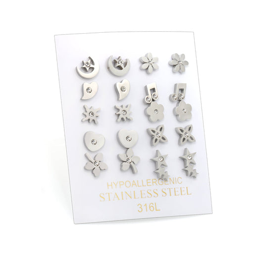 10 Pairs Mixed Cut Diamond Stud Earrings Steel Color