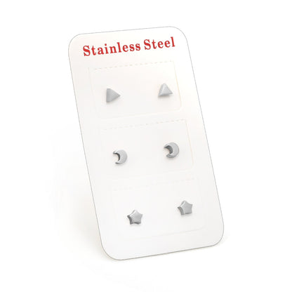 3 Pairs Mixed Cut Stud Earrings (Triangle 4mm, Moon 3.5*4mm, Star 4mm) Steel/Gold/Rose Gold