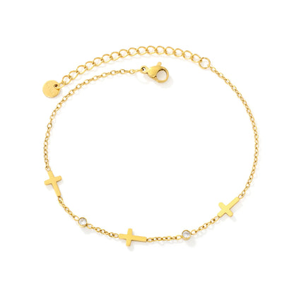 Dainty Cross Zircon Anklet 9x6mm Cross Charm 3mm CZ Stone 18K Gold Plated | Wholesale MOQ 12