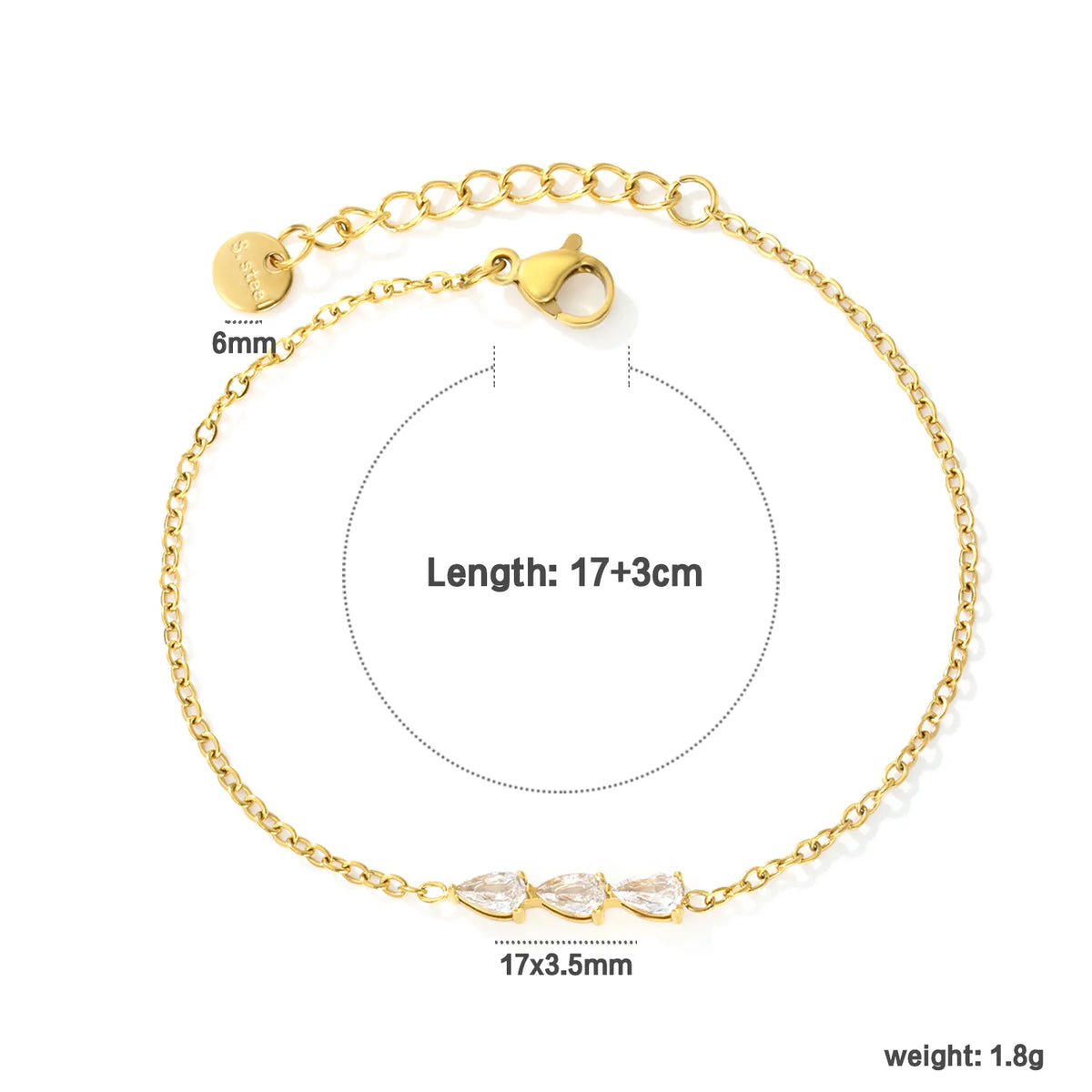 Triple Teardrop CZ Bar Bracelet | 17x3.5mm Pear Zircon Bar | 17+3cm Adjustable Chain | Gold & Silver Tone