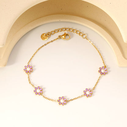 8mm six-petal flower white/black/purple/blue oil drop accessories 0.35 cross chain *18+3cm+6mm round sign bracelet gold color