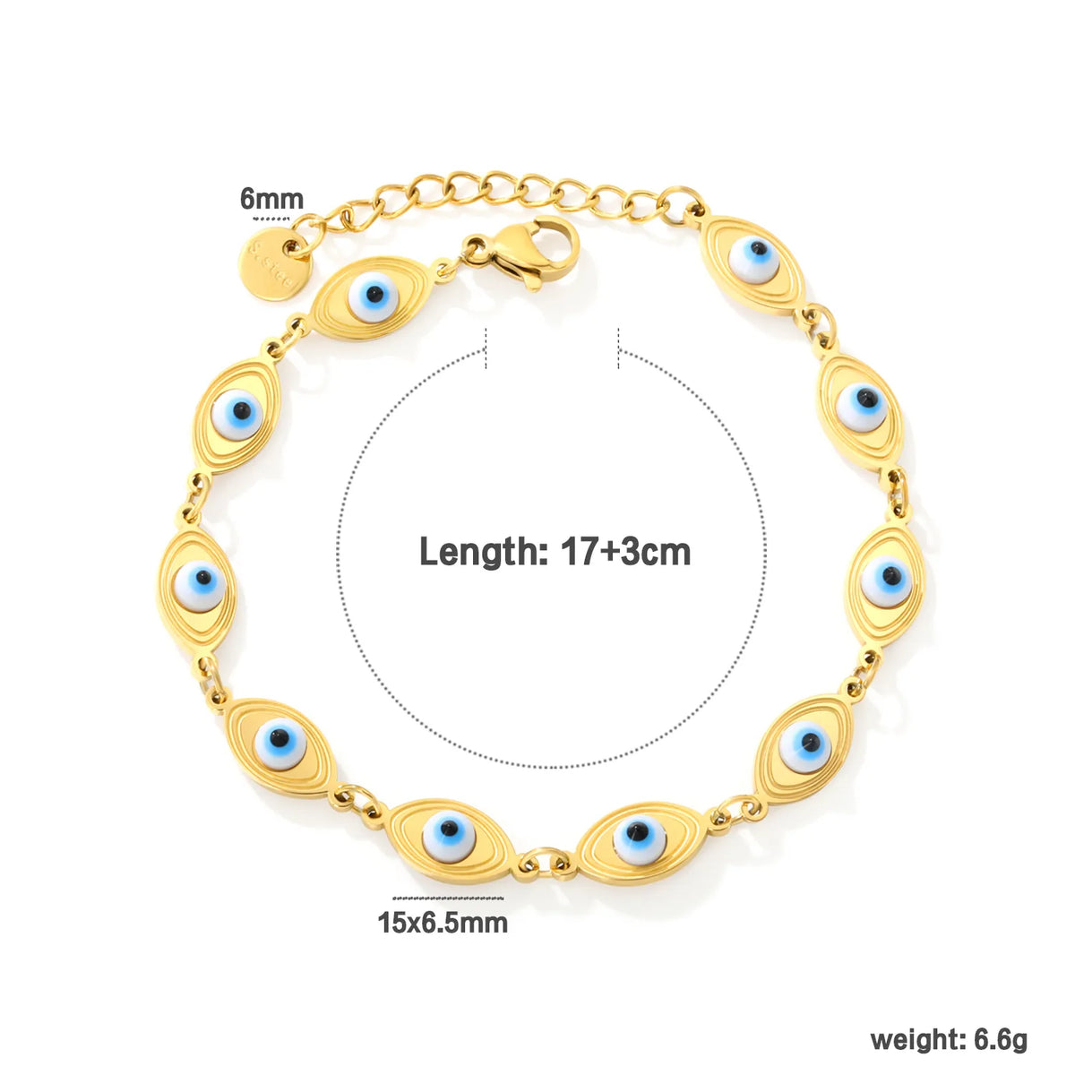 Enamel Evil Eye Station Bracelet | 15x6.5mm Oval Eye Charms | 17+3cm Adjustable Chain