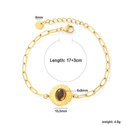 Boho Hammered Round Tiger Eye Paperclip Bracelet | 15.5mm Textured Disc Charm | 17+3cm Adjustable Chain