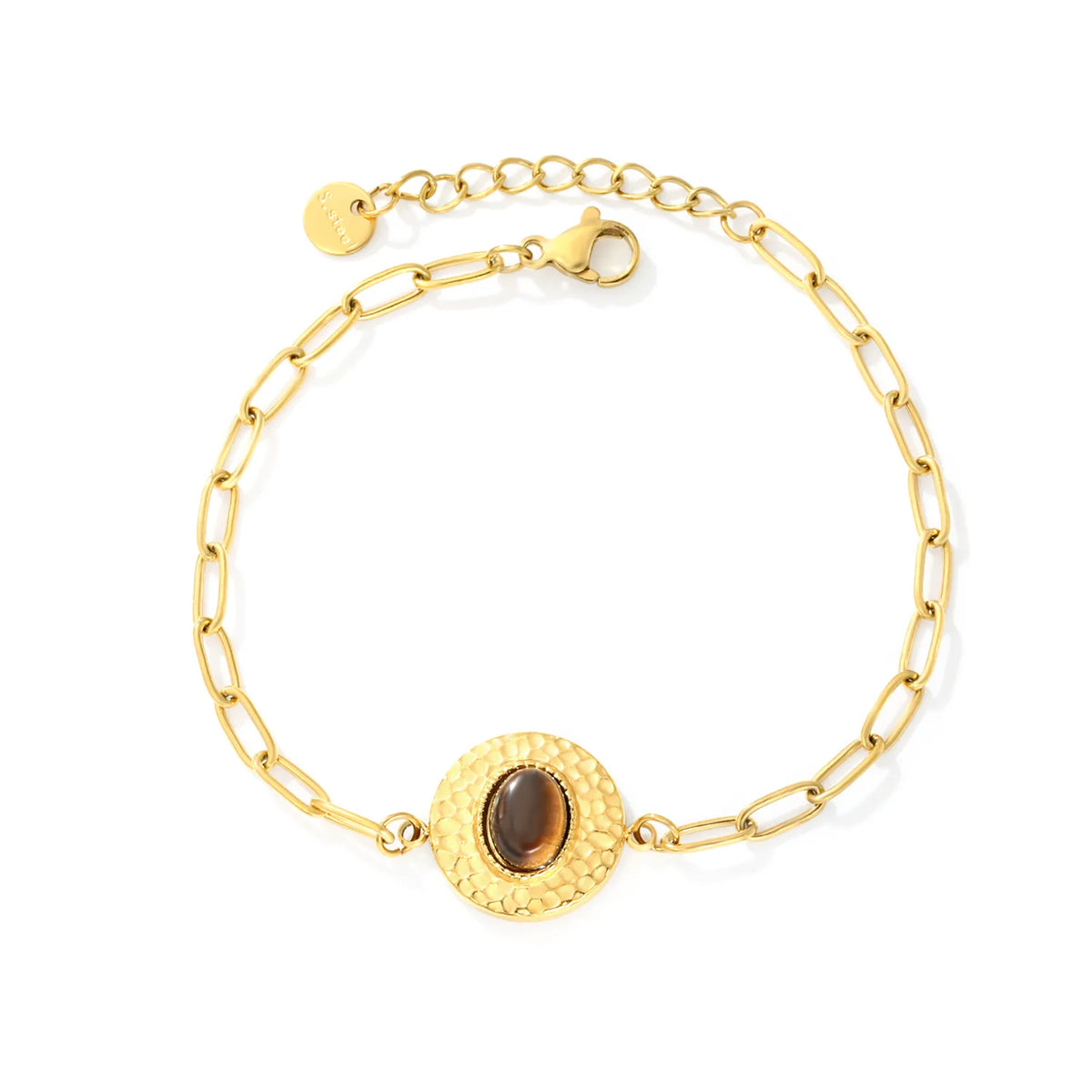 Boho Hammered Round Tiger Eye Paperclip Bracelet | 15.5mm Textured Disc Charm | 17+3cm Adjustable Chain