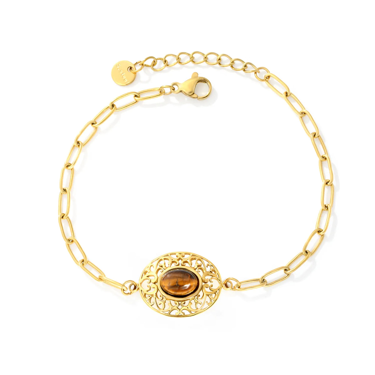 Vintage Filigree Tiger Eye Oval Charm Paperclip Bracelet | 19x15mm Hollow Pendant | 17+3cm Adjustable Chain