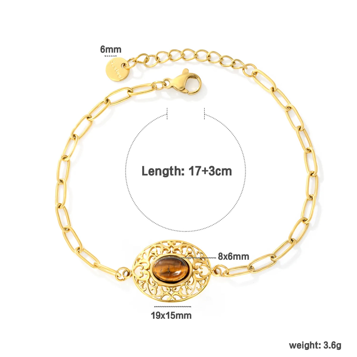 Vintage Filigree Tiger Eye Oval Charm Paperclip Bracelet | 19x15mm Hollow Pendant | 17+3cm Adjustable Chain