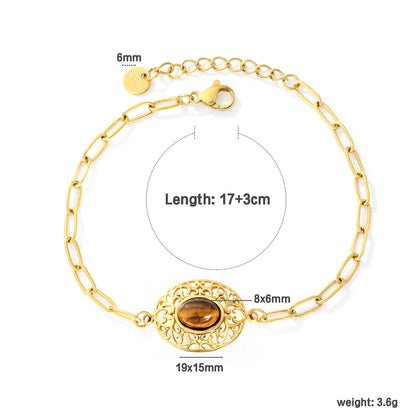 Vintage Filigree Tiger Eye Oval Charm Paperclip Bracelet | 19x15mm Hollow Pendant | 17+3cm Adjustable Chain