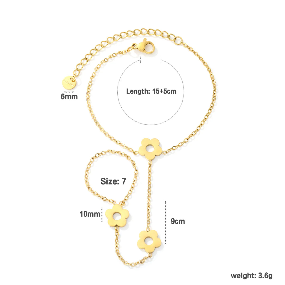 Cutout Flower Hand Chain Bracelet With Attached Ring | 10mm Hollow Flower Charms | 15+5cm Adjustable Cable Chain