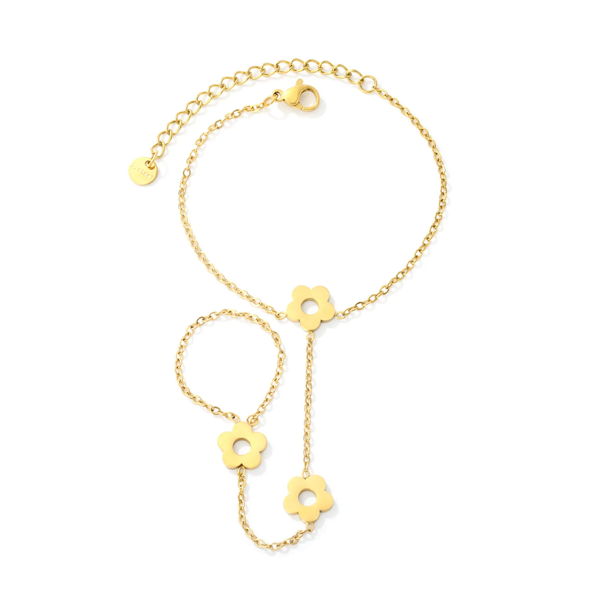 Cutout Flower Hand Chain Bracelet With Attached Ring | 10mm Hollow Flower Charms | 15+5cm Adjustable Cable Chain