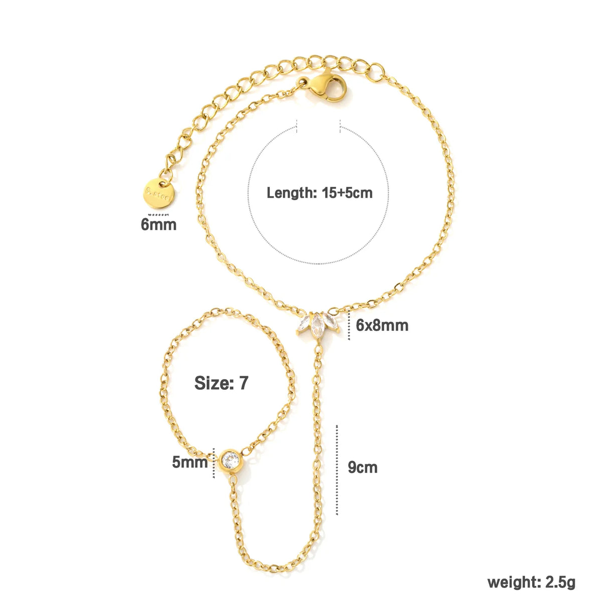 Dainty Marquise CZ Maple Leaf Hand Chain Bracelet With Attached Ring | 6x8mm Maple Leaf Charm | 5mm Round CZ | 15+5cm Cable Chain