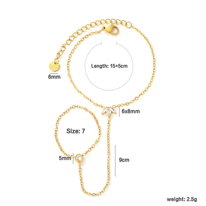 Dainty Marquise CZ Maple Leaf Hand Chain Bracelet With Attached Ring | 6x8mm Maple Leaf Charm | 5mm Round CZ | 15+5cm Cable Chain