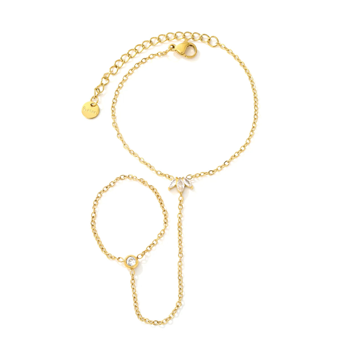 Dainty Marquise CZ Maple Leaf Hand Chain Bracelet With Attached Ring | 6x8mm Maple Leaf Charm | 5mm Round CZ | 15+5cm Cable Chain