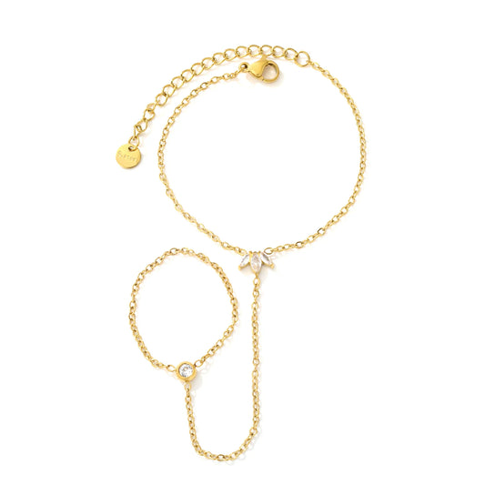 Dainty Marquise CZ Maple Leaf Hand Chain Bracelet With Attached Ring | 6x8mm Maple Leaf Charm | 5mm Round CZ | 15+5cm Cable Chain
