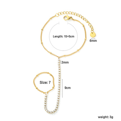 Vertical Tennis CZ Hand Chain Bracelet With Attached Ring | 2mm Round Zircons | 15+5cm Box Chain