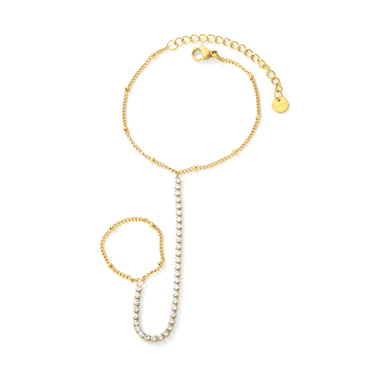 Vertical Tennis CZ Hand Chain Bracelet With Attached Ring | 2mm Round Zircons | 15+5cm Box Chain