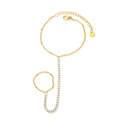 Vertical Tennis CZ Hand Chain Bracelet With Attached Ring | 2mm Round Zircons | 15+5cm Box Chain