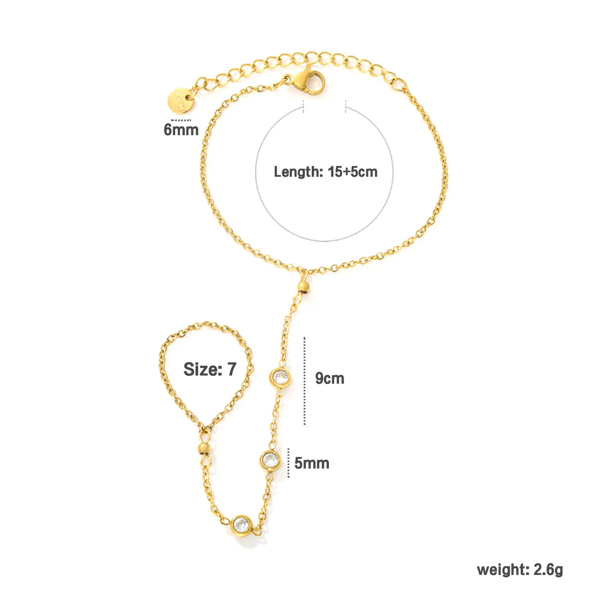 Scattered Bezel CZ Hand Chain Bracelet With Attached Ring | 5mm Round Zircons | 15+5cm Cable Chain