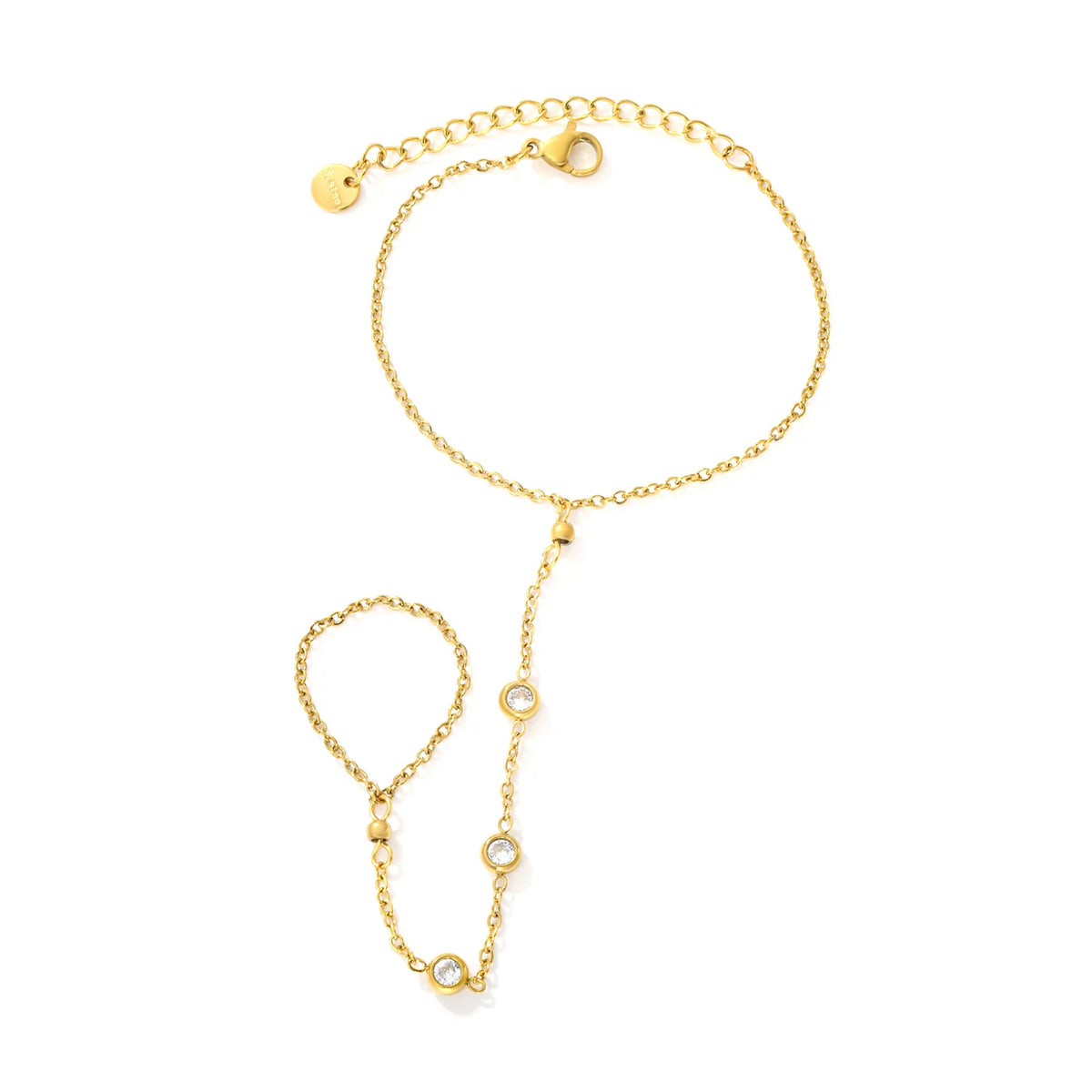 Scattered Bezel CZ Hand Chain Bracelet With Attached Ring | 5mm Round Zircons | 15+5cm Cable Chain