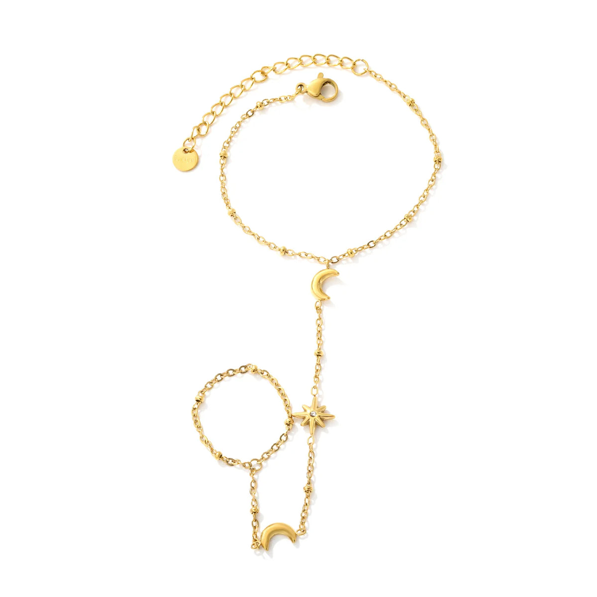 Moon Star Hand Chain Bracelet With Attached Ring | 6x8mm Crescent Moon | 9.5mm Star CZ Charm | 15+5cm Cable Chain