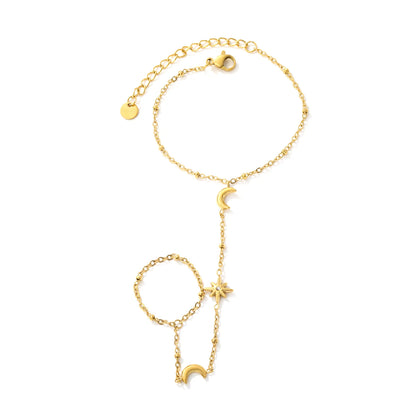 Moon Star Hand Chain Bracelet With Attached Ring | 6x8mm Crescent Moon | 9.5mm Star CZ Charm | 15+5cm Cable Chain