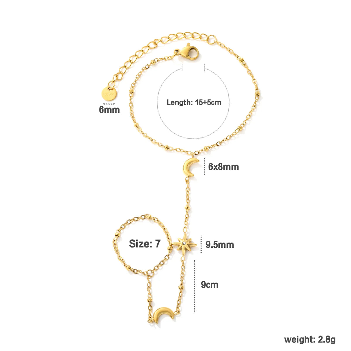 Moon Star Hand Chain Bracelet With Attached Ring | 6x8mm Crescent Moon | 9.5mm Star CZ Charm | 15+5cm Cable Chain