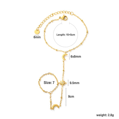 Moon Star Hand Chain Bracelet With Attached Ring | 6x8mm Crescent Moon | 9.5mm Star CZ Charm | 15+5cm Cable Chain