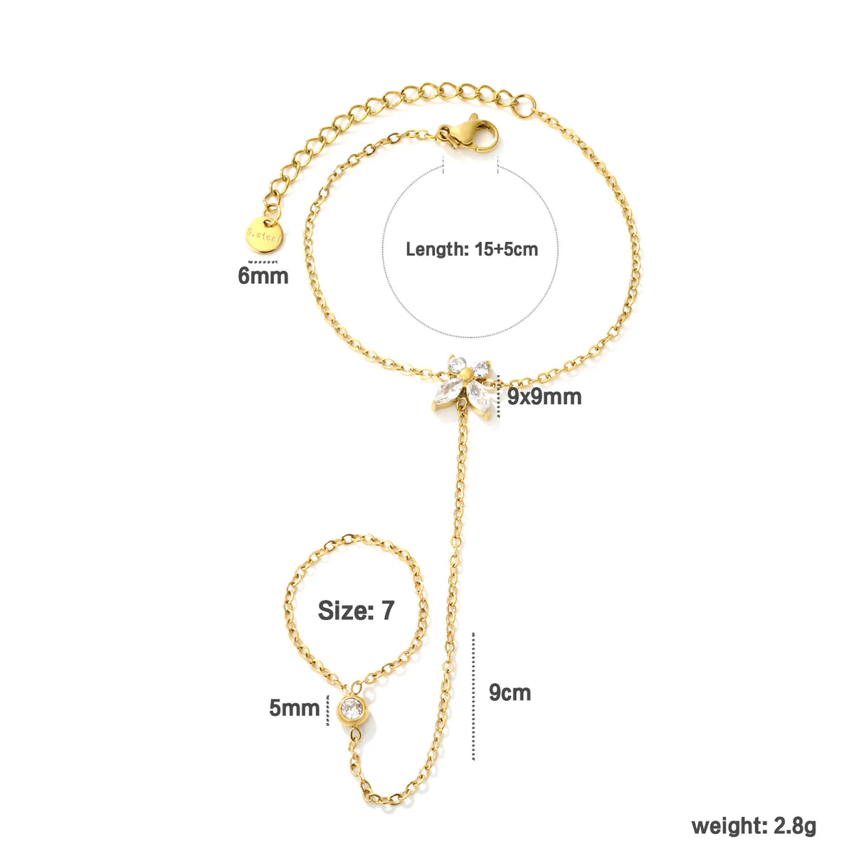 Marquise CZ Butterfly Hand Chain Bracelet With Attached Ring | 9x9mm Butterfly Charm | 5mm Bezel CZ | 15+5cm Cable Chain