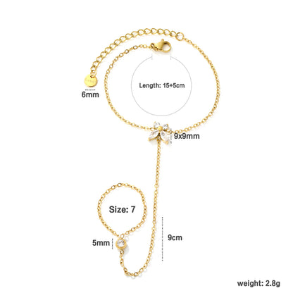 Marquise CZ Butterfly Hand Chain Bracelet With Attached Ring | 9x9mm Butterfly Charm | 5mm Bezel CZ | 15+5cm Cable Chain