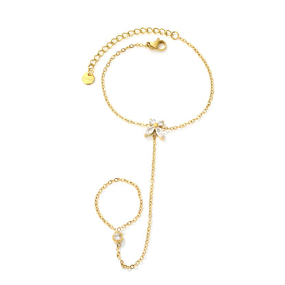 Marquise CZ Butterfly Hand Chain Bracelet With Attached Ring | 9x9mm Butterfly Charm | 5mm Bezel CZ | 15+5cm Cable Chain