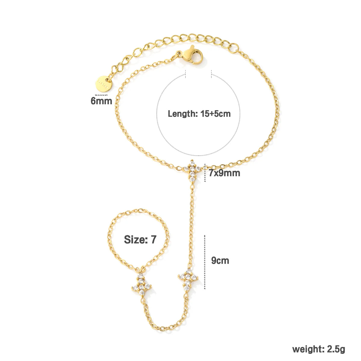 Dainty CZ Cross Hand Chain Bracelet With Attached Ring | 7x9mm Paved Cross Charms | 15+5cm Cable Chain