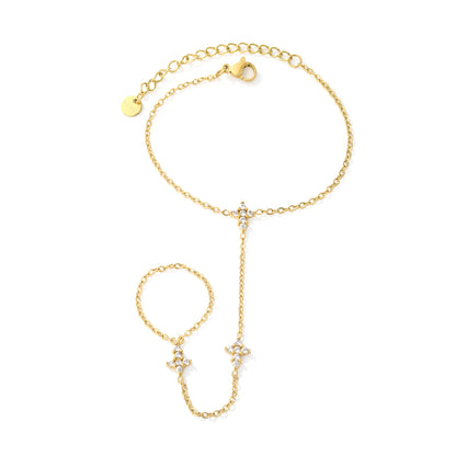 Dainty CZ Cross Hand Chain Bracelet With Attached Ring | 7x9mm Paved Cross Charms | 15+5cm Cable Chain