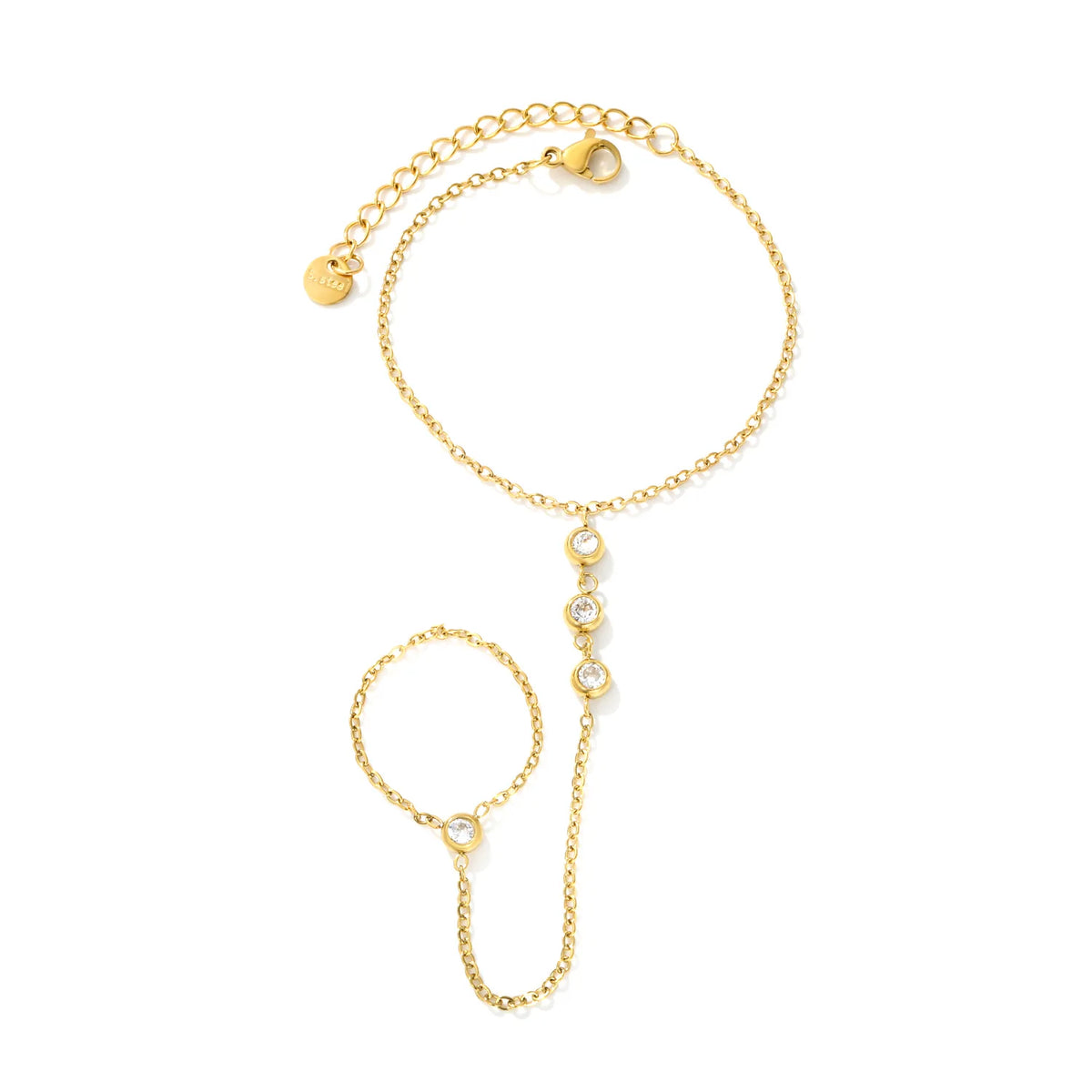 Vertical Bezel CZ Hand Chain Bracelet With Attached Ring | 5mm Round Zircon Charms | 15+5cm Cable Chain