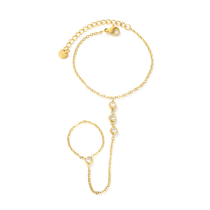 Vertical Bezel CZ Hand Chain Bracelet With Attached Ring | 5mm Round Zircon Charms | 15+5cm Cable Chain
