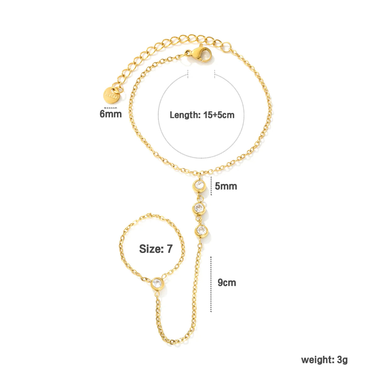 Vertical Bezel CZ Hand Chain Bracelet With Attached Ring | 5mm Round Zircon Charms | 15+5cm Cable Chain