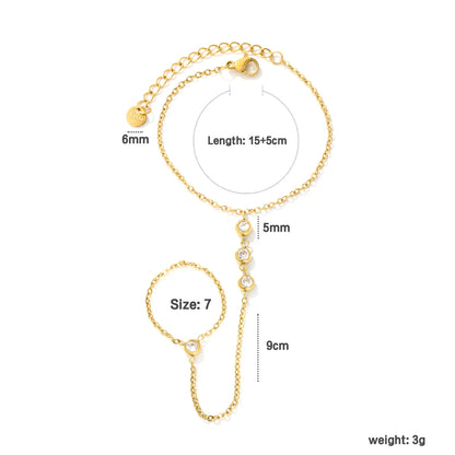 Vertical Bezel CZ Hand Chain Bracelet With Attached Ring | 5mm Round Zircon Charms | 15+5cm Cable Chain